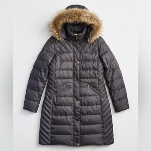 Michael Kors Gray Quilted Coat with Faux Fur Hood